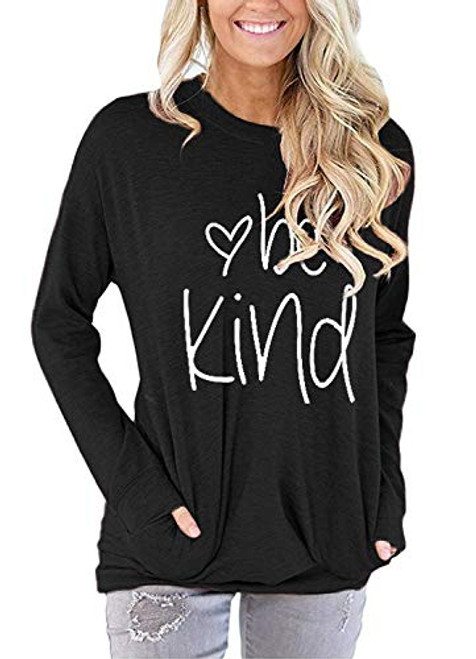 Akihoo Women Be Kind Loose Crew Neck Long Sleeve T Shirts Blouse Sweatshirts Tunics Tops with Pockets L