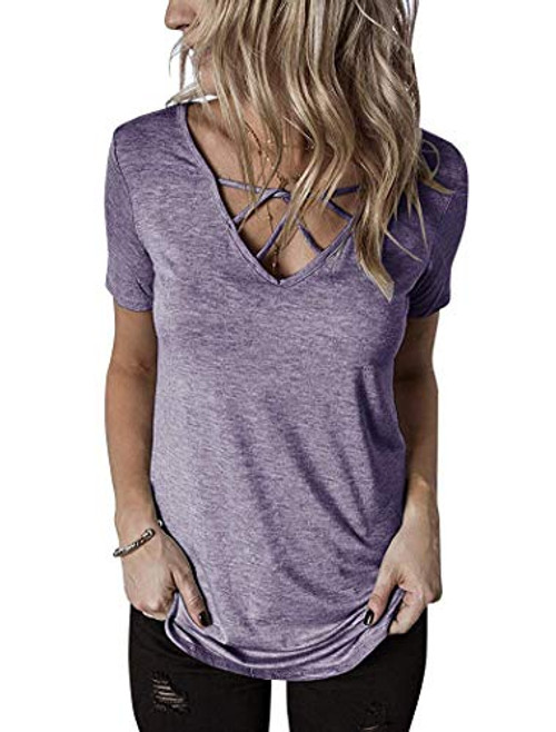 Tivifox Women s Criss Cross Summer Tunic Tops Short Sleeve T Shirts V Neck Tees Purple S Tivifox Women s Criss Cross Summer Tunic Tops Short Sleeve T Shirts V Neck Tees Purple S