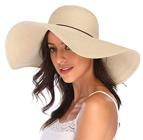 Lanzom Womens Wide Brim Straw Hat Floppy Foldable Roll up Cap Beach Sun Hat UPF 50   Style D Beige