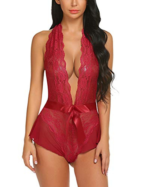 Avidlove Women Halter Lingerie Lace Teddy Bodysuit One Piece Babydoll Sleepwear Wine Red Small Avidlove Women Halter Lingerie Lace Teddy Bodysuit One Piece Babydoll Sleepwear Wine Red Small
