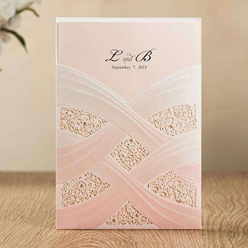 WISHMADE White Pocket Laser Cut Wedding Invitations Cards Floral Design Invites Printable Holder for Birthday Bridal Shower Engagement Paraboda  50PC