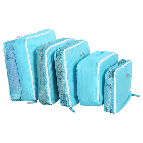 Fdit 5Pcs Set Travel Storage Bags Luggage Packing Pouchs Cubes Organizers Multi Functional Clothing Sorting Packages  Blue