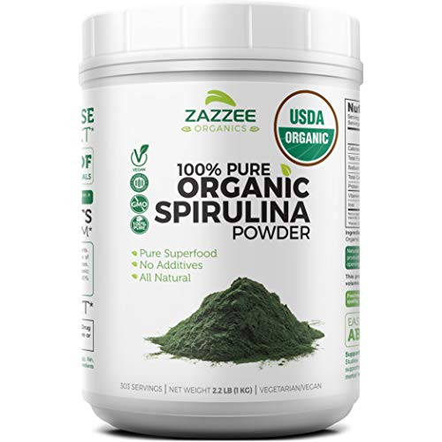 Zazzee USDA Organic Spirulina Powder 22 Pounds  1 KG  303 Servings 100  Pure and Non Irradiated Vegan All Natural and Non GMO Mess Free Wide Mouth Container Fresh Smell and Neutral Taste
