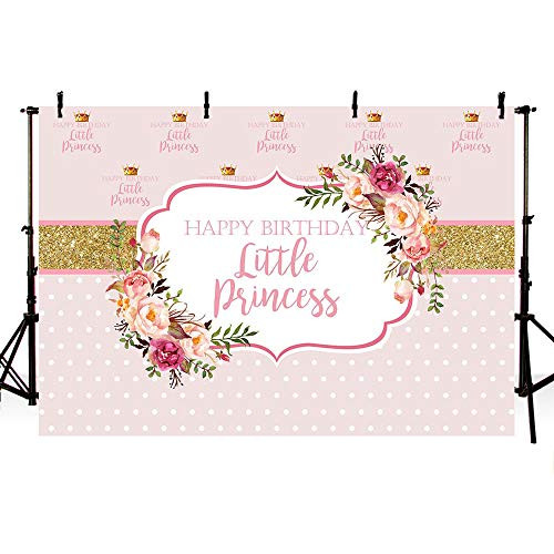 MEHOFOTO Happy Birthday Little Princess Photo Studio Background Props Pink Floral Gold Girl Step and Repeat Birthday Party Decorations Banner Photography Backdrops for Cake Table Supplies 7x5ft