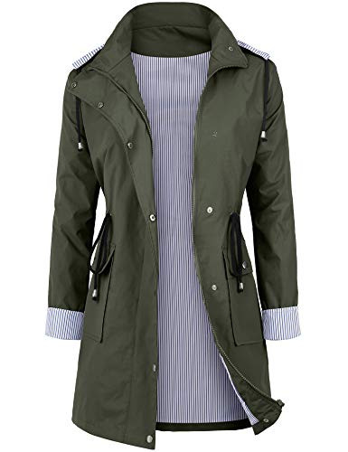 DOSWODE Women Waterproof Raincoat Lightweight Rain Jacket Hooded Windbreaker Trench Coats Green XL