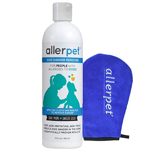 Allerpet Dog Allergy Relief w Free Applicator Mitt   Best Pet Dander Remover for Allergens   for Canine Dry Skin Treatment   Good for Fur   Skin    12oz