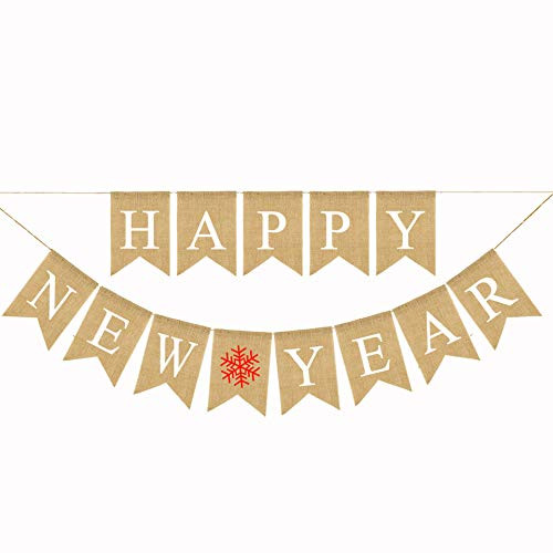 Jute Burlap Happy New Year Banner New Year Eve Party Fireplace Mantel Bunting Garland Decoration