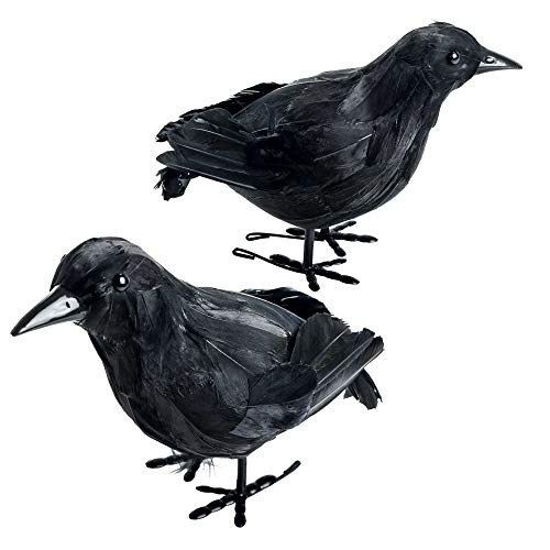 Halloween Haunters 2 Realistic Large 10  Feathered Black Crows Prop Decoration   Scary Standing Flying Birds Blackbirds Ravens with Feather Wings   Tree Haunted House Graveyard Tombstone Display