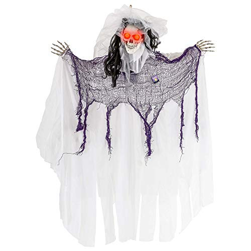 Halloween Haunters Animated Hanging Jumping Moving Forward Ghost Skeleton Bride Skull Reaper Prop Decoration   3 Cackle Sound Phrases LED Light Up Eyes 3 Feet Haunted House Graveyard Party Entryway