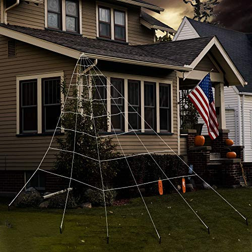 Halloween Haunters Giant 25 Foot Realistic White Spider Web Prop Decoration   Scary Hanging Strong Braided Rope Cob Web with Yard Stakes   Lawn Tree Haunted House Graveyard Entryway Party Display