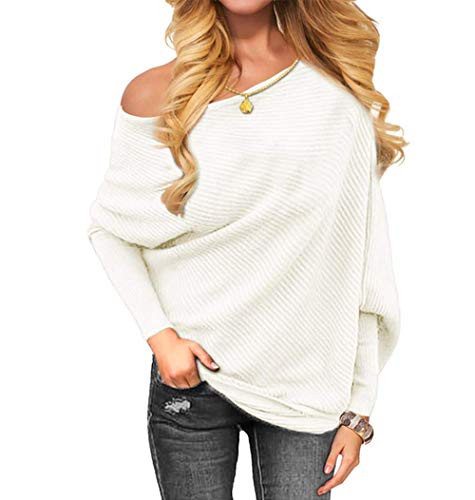 OmicGot Women s Off Shoulder Sleeve Loose Pullover Batwing Sweater Knit Jumper White L