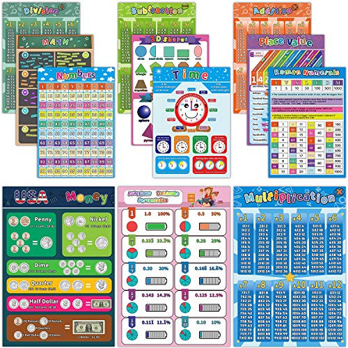 12 Math Charts for Kids Laminated Educational Math Posters for Elementary School   Multiplication Chart Table Place Value  Money  Shapes Fractions Division Addition Subtraction 16x11
