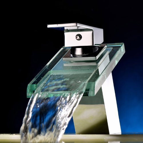 Widespread Waterfall Bathroom Sink Faucet with Glass Spout Chrome Finish Deck Mount Vessel Sink Vanity Bathtub Mixer Taps