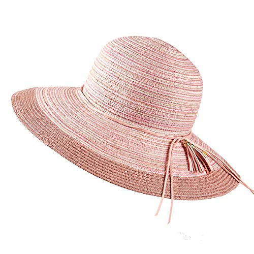 Women Straw Sun Hats Summer Beach Cap Foldable Floppy Packable Wide Brim Hat Pink