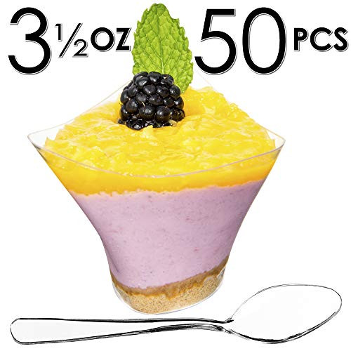 DLux 50 x 3 oz Mini Dessert Cups with Spoons Small Swirl   Clear Plastic Parfait Appetizer Cup   Small Disposable Reusable Serving Bowl for Tasting Party Desserts Appetizers   With Recipe Ebook