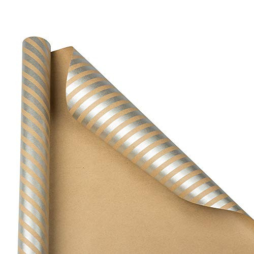 JAM PAPER Gift Wrap   Striped Wrapping Paper   25 Sq Ft   Brown Kraft   Silver Stripes   Roll Sold Individually