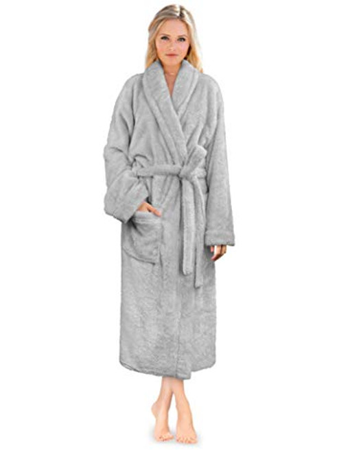 PAVILIA Premium Womens Plush Soft Robe Fluffy Warm Fleece Sherpa Shaggy Bathrobe  S M Light Gray