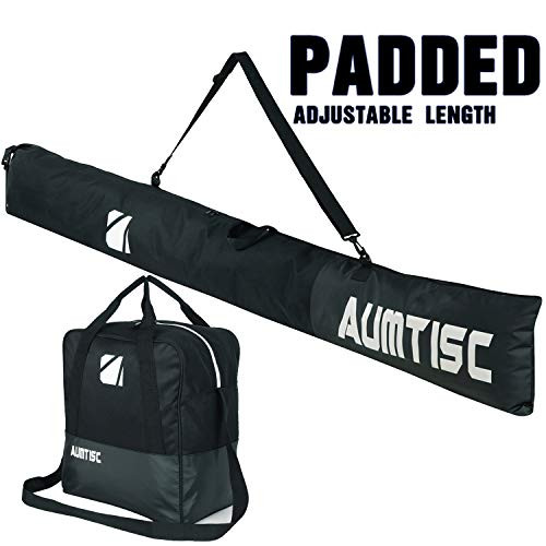AUMTISC Ski Bag Padded 2 Piece Ski and Boot Bag Combo for 1 Pair of Ski Boots Adjustable Length Ski Bag Up to 200cm  Black