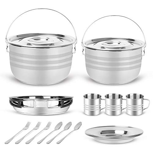 Odoland 15pcs Camping Cookware Mess Kit Stainless Steel Camping Cooking Pots Pan with Plates Cups Forks and Spoons Compact Outdoor Cook Set for Camping Hiking BBQ Picnic