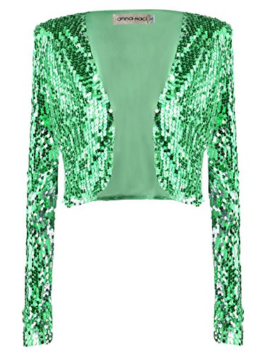 Anna Kaci Womens Shiny Sequin Long Sleeve Glitter Cropped Blazer Bolero Shrug Green Large
