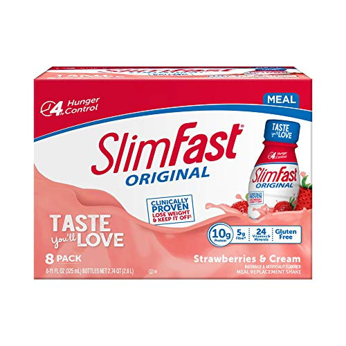 SlimFast Original Strawberries   Cream Shake  Ready to Drink Weight Loss Meal Replacement  10g of protein  11 fl oz Bottle  Pack of 8   Pantry Friendly