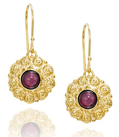 Stera Jewelry 14k Gold Plated Silver Exquisite Flower Dangle Earrings with Genuine Red Gemstones