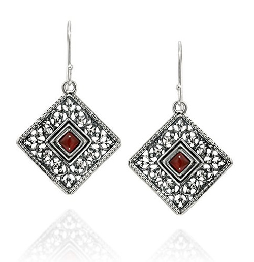 Stera Jewelry 925 Sterling Silver Carnelian Gemstone Filigree Square Shaped Dangle Earrings Stera Jewelry 925 Sterling Silver Carnelian Gemstone Filigree Square Shaped Dangle Earrings