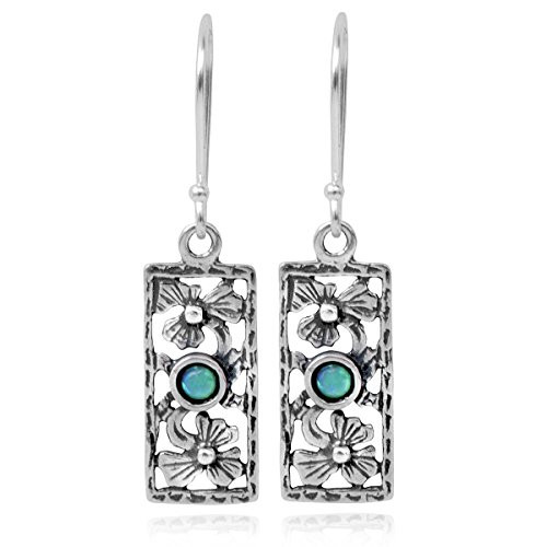Stera Jewelry Retro 925 Sterling Silver Created Blue Fire Opal Rectangle Earrings with Floral Design Stera Jewelry Retro 925 Sterling Silver Created Blue Fire Opal Rectangle Earrings with Floral Design