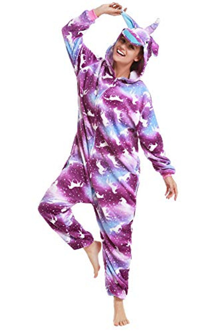 Adult Unicorn Onesie Pajamas Cosplay Halloween One Piece Costume Gift Purple Galaxy Medium