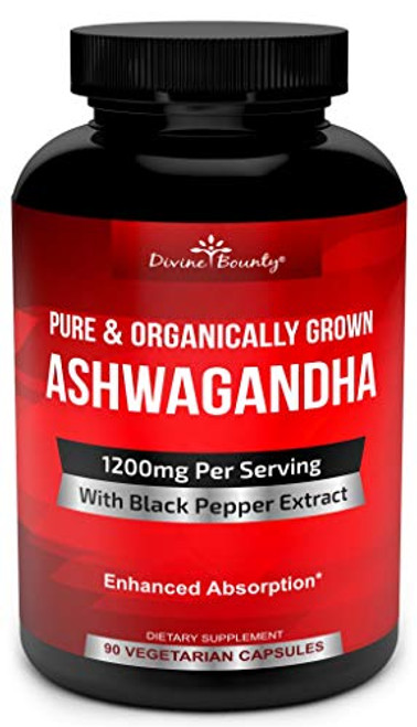 Organic Ashwagandha Capsules   1200mg Ashwagandha Powder with Black Pepper for Enhanced Absorption   Ashwaganda Supplement for Stress Anxiety   Mood Support   90 Veggie Capsules