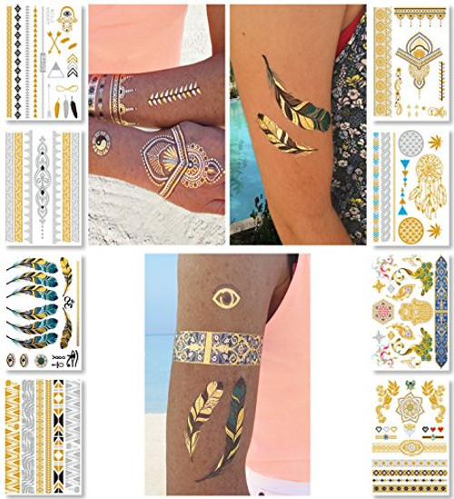 Metallic Temporary Tattoos for Women Teens Girls   8 Sheets Gold Silver Temporary Tattoos Glitter Shimmer Designs Jewelry Tattoos   100  Color Flash Fake Waterproof Tattoo Stickers  Mustique