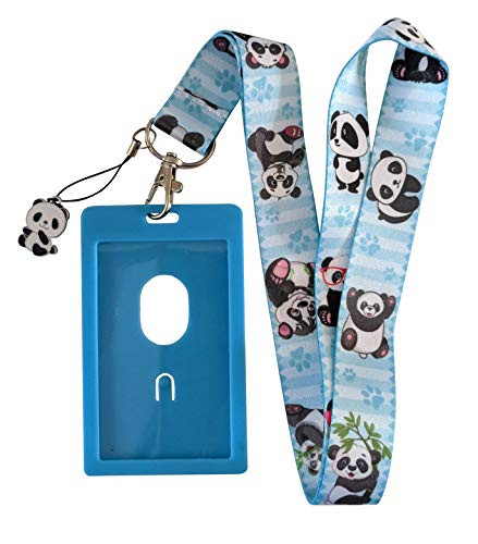 Panda Bear Print Lanyard w ID Badge Holder and Charm  Blue