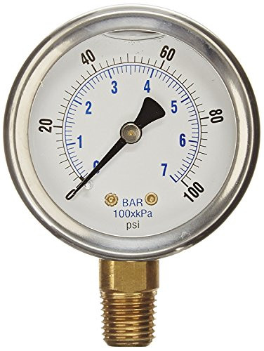 NEW STAINLESS STEEL LIQUID FILLED PRESSURE GAUGE WOG WATER OIL GAS 0 to 100 PSI LOWER MOUNT 0 100 PSI 1 4  NPT 25  FACE DIAL FOR COMPRESSOR HYDRAULIC AIR TANK