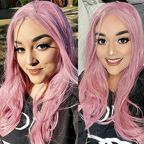 SimBeauty Natural Hairline Pink Lace Front Wigs for Women Long Natural Wave Rose Synthetic Hair Replacement Heat Resistant Synthetic Wigs with Half Hand Tied Lace  Pink
