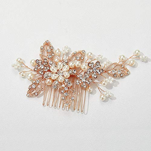 SWEETV Bridal Hair Comb Rhinestone Wedding Hair Accessories Pearl Hair Clip for Bride Bridesmaid Rose Gold