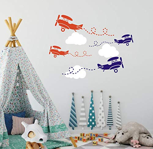 Airplane Wall Decal Clouds Decal Vinyl Wall Stickers for Nursery Kids Boys Room Decor Wall Decals for Playroom A43  BuleOrange
