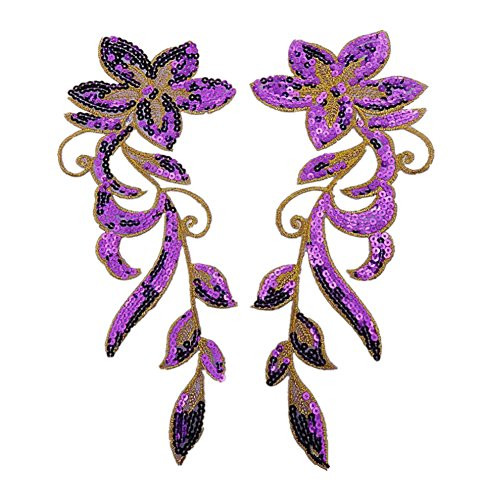 Ximkee 1 Pair Dancing Flower Sequin Sew Iron on Applique Embroidered Patches Purple