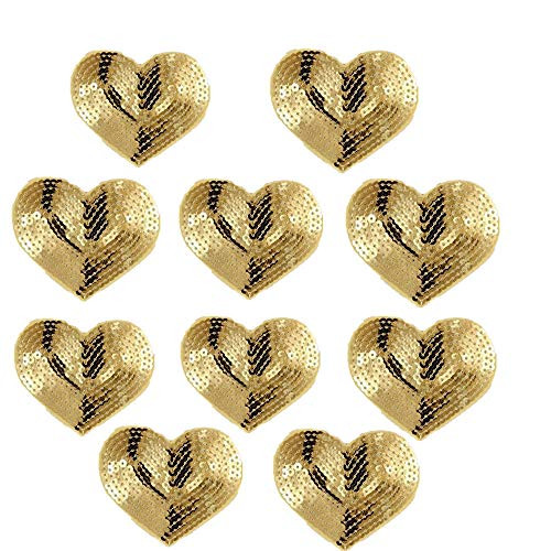 Ximkee Pack of 10 Shiny Heart Sequins Iron on Applique Embroidered Patches Gold