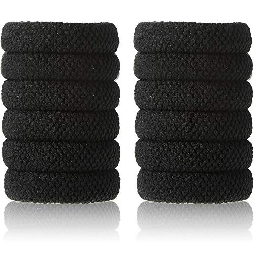 12 Pieces Thick Black Hair Ties Seamless Ponytail Holders Cotton Hair Ties No Crease Hair Bands for Women Girls Simply Hair Tie for Thick Heavy or Curly Hair