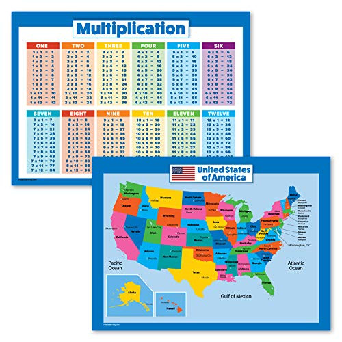 2 Pack   Multiplication Tables   USA Map for Kids Poster Set   Wall Chart of United States of America  Laminated 18  x 24