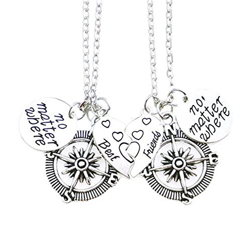 Udobuy2 Pcs Silver Best Friends No Matter Where Compass Necklaces Set Heart for Teen Girls BFF Friendship Necklaces Udobuy2 Pcs Silver Best Friends No Matter Where Compass Necklaces Set Heart for Teen Girls BFF Friendship Necklaces