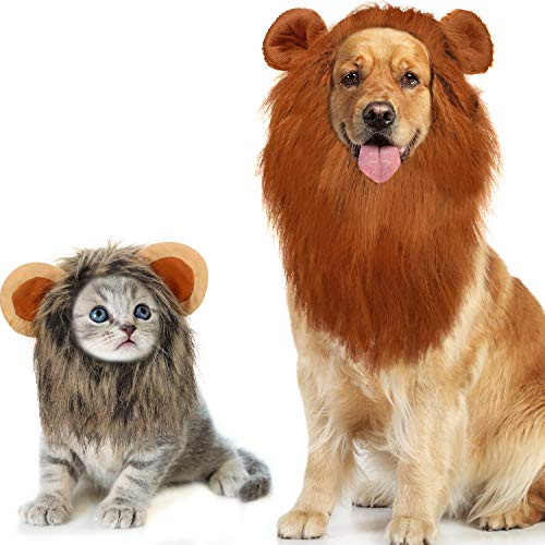 WILLBOND 2 Pieces Lion Mane Wig with Ear Adjustable Realistic Lion Mane Costume Large Sized for Halloween Christmas Party  Dog and Cat