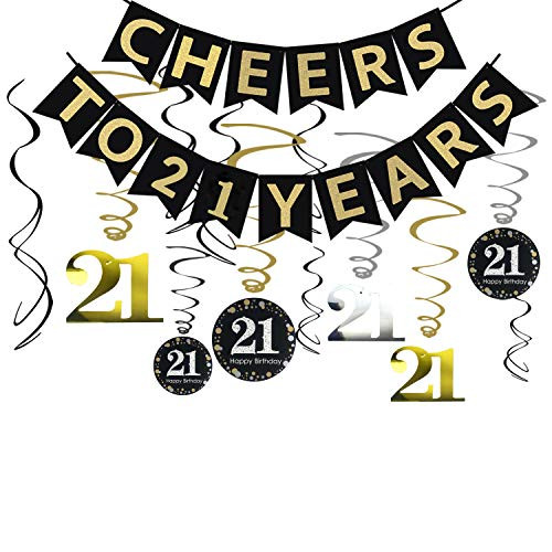 Tuoyi 21st Birthday Party Decorations KIT   Cheers to 21 Years Banner Sparkling Celebration 21 Hanging Swirls Perfect 21 Years Old Party Supplies 21st Anniversary Decorations