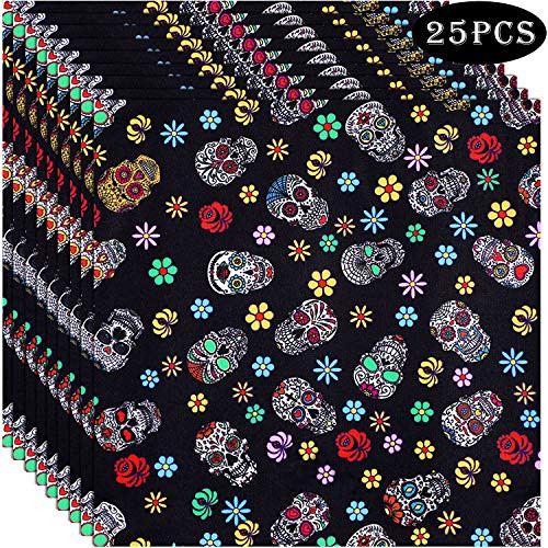 25 Pieces 10 x 10 Inches Sugar Skull Fabric Skull Pattern Halloween Decoration Fabric Mexican Sugar Dead Skull Fabric Halloween Theme Decorative Fabric for DIY Crafts