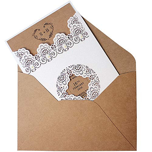 25 Pack Rustic Wedding Invitations by Picky Bride Lace Pocket Laser Cut Invitation Cards for Wedding Bridal Shower Pearl Decoration Kraft Paper Envelope Included 525x725   Set of 25