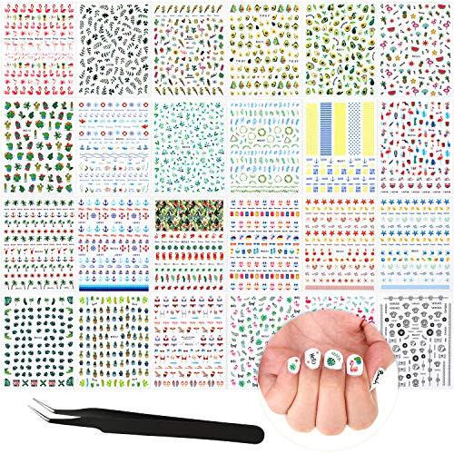 2800 Pieces Mixed Nail Art Stickers Summer Holiday Nail Stickers 3D Self Adhesive Flamingo Cactus Fruits Leaves Nail Decals with Tweezers for DIY Nail Tip