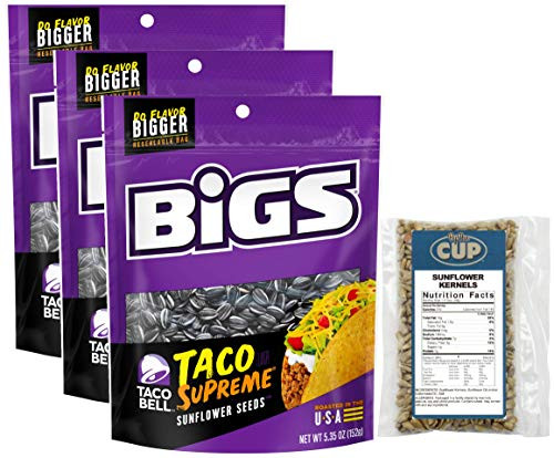 Taco Bell Taco Supreme Sunflower Seeds by BIGS 535 Ounce  Pack of 3    with 2 Ounce Bag of By The Cup Sunflower Kernels