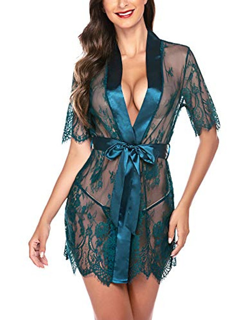 Avidlove Lingerie Robe Women s Lace Kimono Robe Lingerie Eyelash Babydoll Sheer Nightwear Dark Green