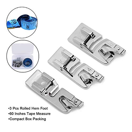 3Pcs Narrow Rolled Hem Sewing Machine Presser Foot Set  3mm 4mm and 6mm  for All Low Shank Snap On Singer Brother Babylock Euro Pro Janome Kenmore White Elna Sewing Machines with Tape Measure