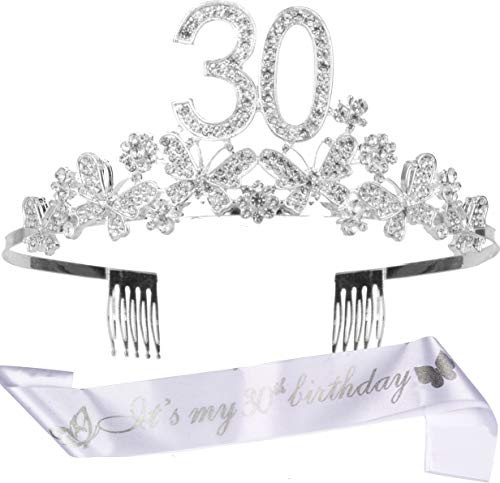 30th Birthday Decorations Party Supplies 30th Birthday Gifts for Women Silver 30th Birthday Tiara and Sash 30th White Satin Sash Its My 30th Birthday 30th Birthday Party Supplies and Decorations